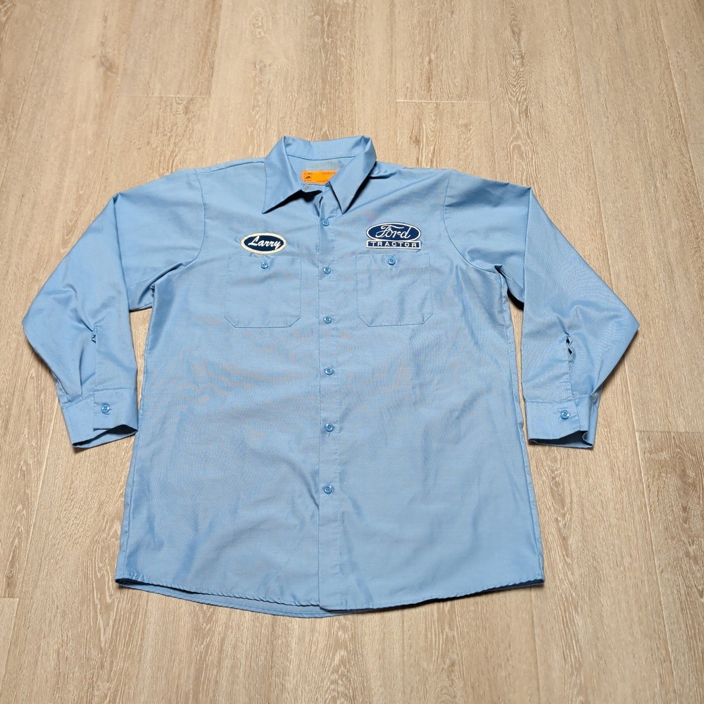 Vintage 80s‎ Durable Press Ford Tractor Larry Work Shirt L Blue Long Sleeve USA